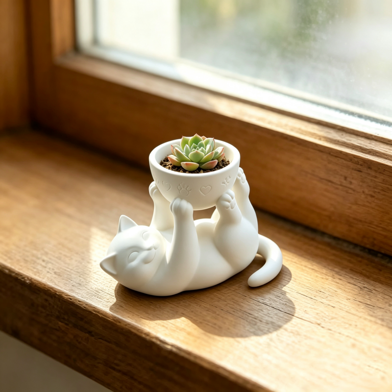 Echeveria Succulent - Estátua de Gato Deitado Fofo para
